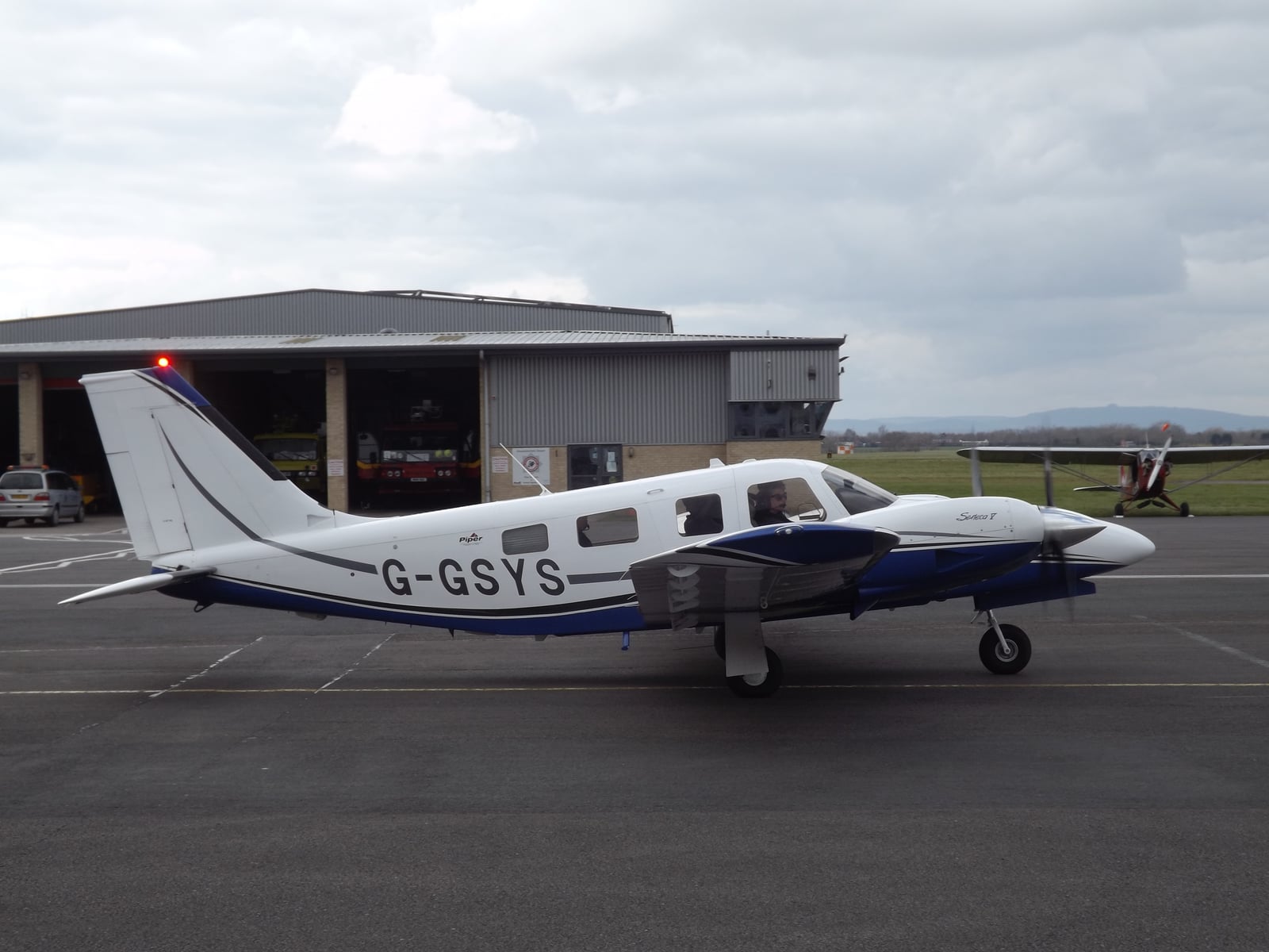 Piper Seneca V on the ramp, three-quarter view